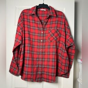 Kye Mi Women’s Oversized Style Red Plaid Button-Up Shirt